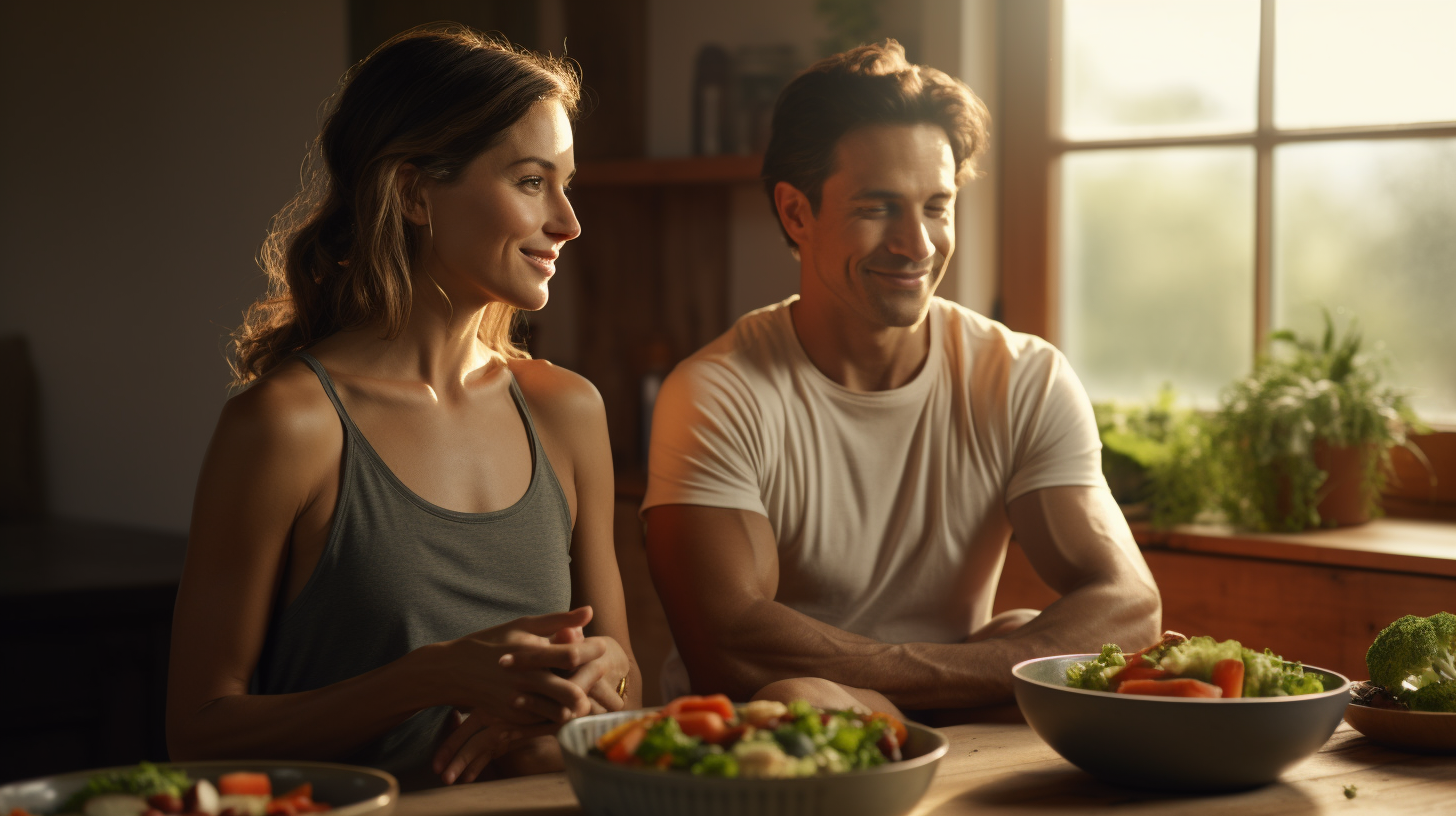 A vegetarian couple are eating a salad considering supplementing their diet with creatine