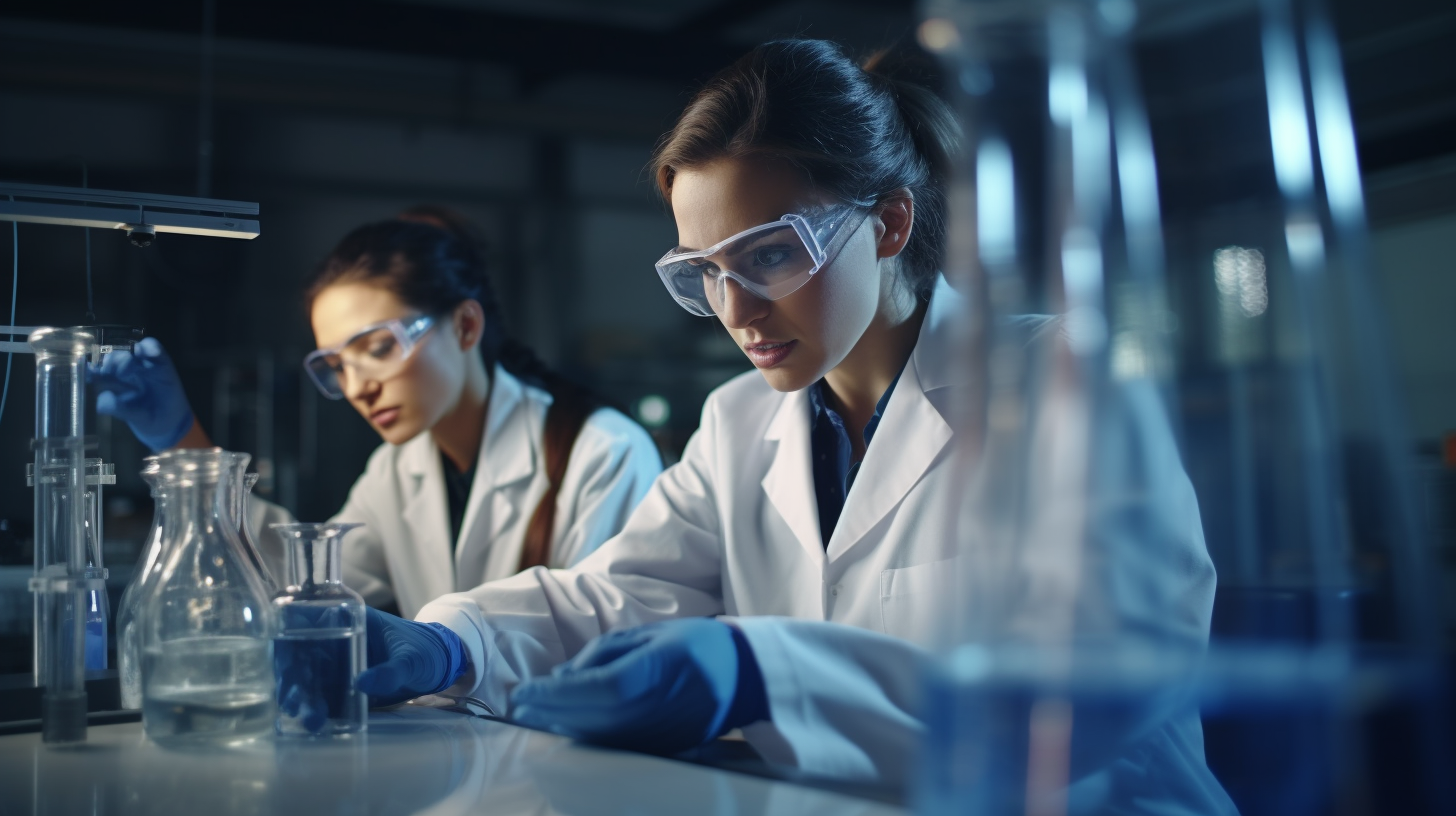 Two women working in a science lab studying creatine to prove that it is safe